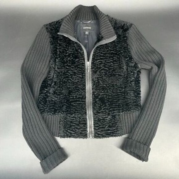 Express Women Medium Black Textured Jacket Full Zip Bomber Ribbed Long Sleeve - Picture 1 of 7